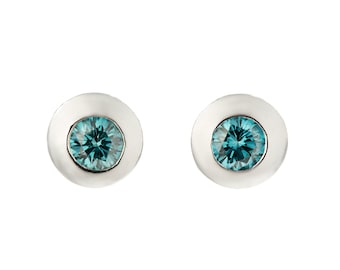 18K Blue Diamond Stud Earrings - Cookie Diamond Earrings Blue Irradiated Brilliant Round