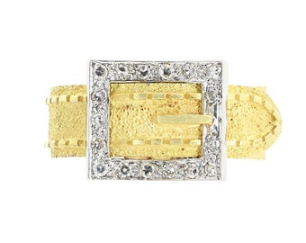 18K Two Tone Diamond Buckle Ring | Textured Italian Buckle Ring | True Vintage Ring | Vintage Buckle Ring