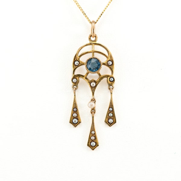 Art Nouveau 10K Seed Pearl & Topaz Pendant | Organic Blue Pearls and Blue Topaz