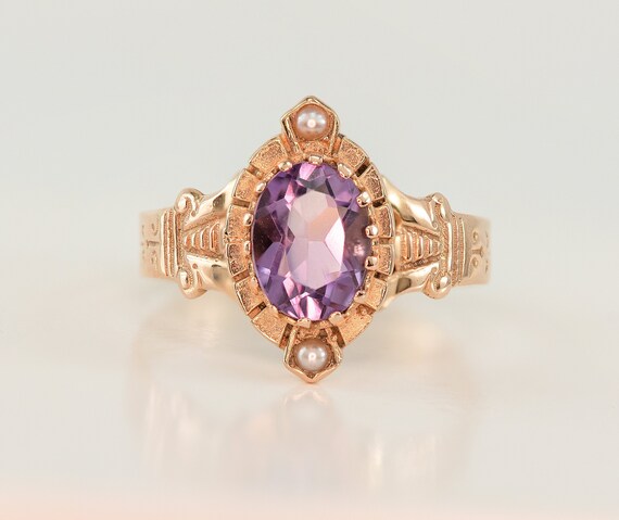 Victorian Rose Gold Seed Pearl Amethyst Ring | An… - image 5