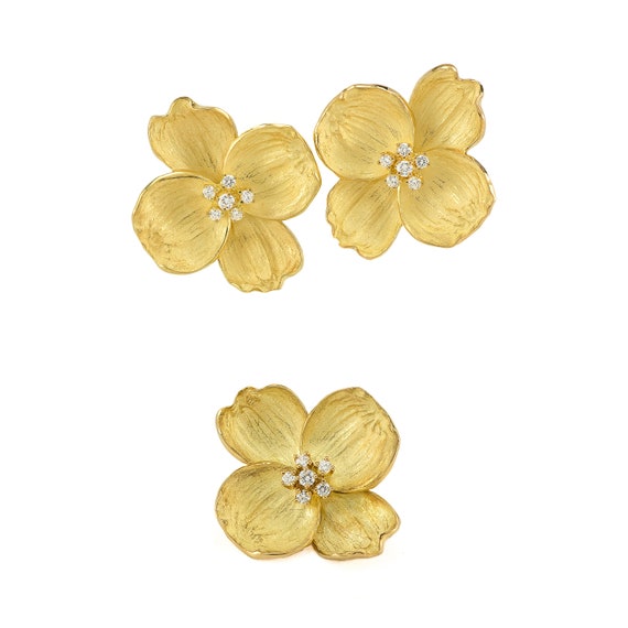 Vintage Tiffany Co 18k Diamond Dogwood Set Gold Earrings Etsy