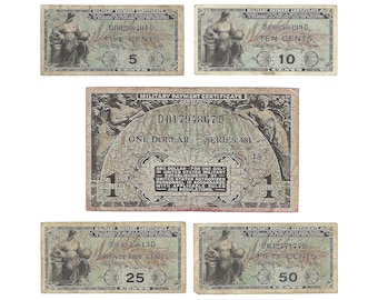 1950s Military Payment Currency SET| Series 481 | One Dollar, Fifty Cents, Twenty Five Cents, Ten Cents, Five Cents | MPC Set