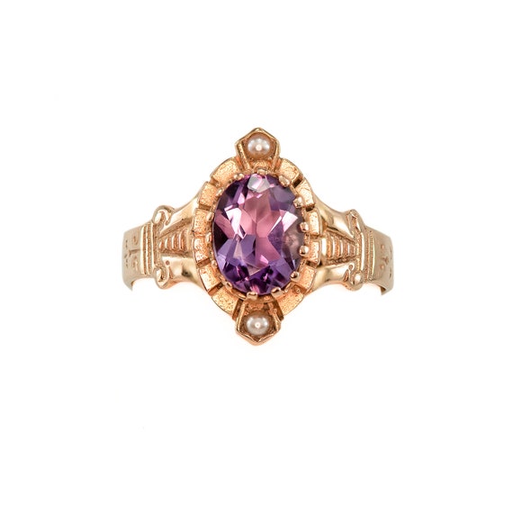 Victorian Rose Gold Seed Pearl Amethyst Ring | An… - image 2