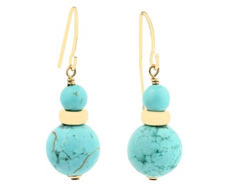 Vintage 14K Dyed Magnesite Cabochon Dangle Earrings | Turquoise Drop Earrings