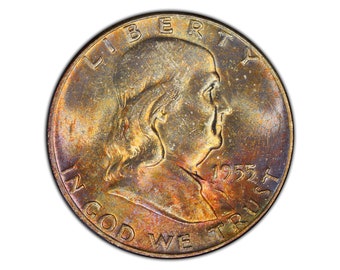 1955 Benjamin Franklin PCGS MS65 Silver Half Dollar Stunning SUNSET Toning 50c Coin