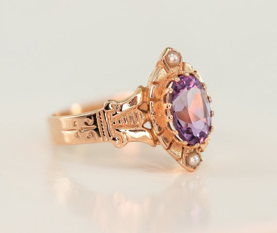 Victorian Rose Gold Seed Pearl Amethyst Ring | An… - image 4