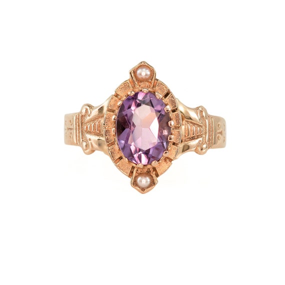 Victorian Rose Gold Seed Pearl Amethyst Ring | An… - image 1