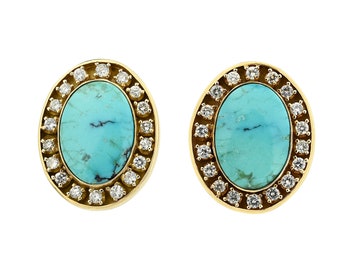 Vintage 14K Turquoise Cabochon Earrings with Diamonds | Turquoise Diamond Halo Earrings