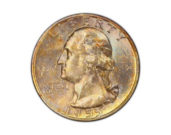 1955 Washington PCGS MS66+ Quarter Vivid Toning 25c Coin Gold Shield Graded Coin