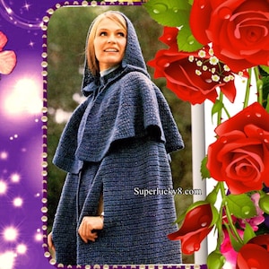 vintage hooded Cape Poncho crochet pattern in PDF instant download version