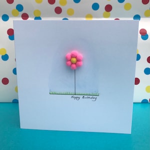 Tarjeta de cumpleaños con flores, pintada a mano y en relieve, tarjeta de cumpleaños para mujer, flor de pompón grande.