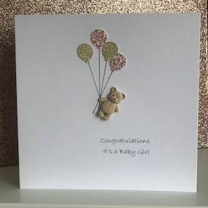 Tarjeta para niña recién nacida, tarjetas para bebé nuevo, tarjeta para niña, tarjeta para bebé (Reino Unido), tarjeta con osito de peluche y globo.
