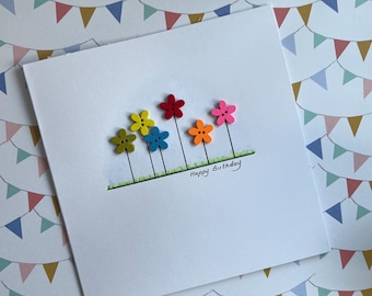 Handmade Flower Birthday Card: Painted Daisies & Wooden Buttons