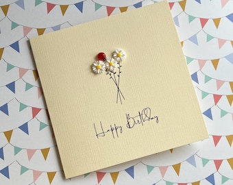 Handmade Flower Birthday Card – Ladybug Daisies Embellishment