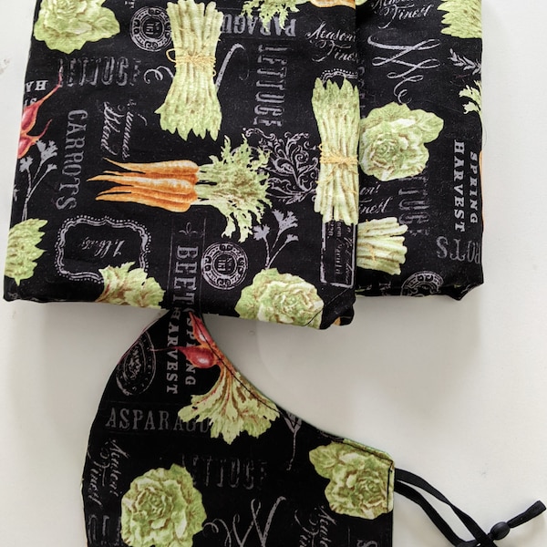 Japanese style halter cross Apron with vegetables print with adjustable matching Face Mask