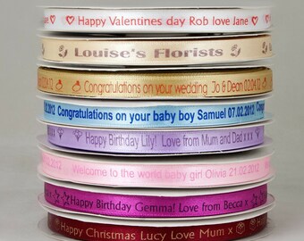 10mm Personalised Printed Satin Ribbon / Business Packaging / Gift Wrap / Personalised Gifts / Wedding Favours / Florists / Birthdays