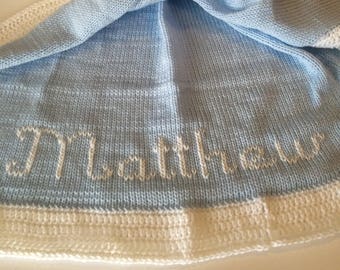 Blue baby blanket - knitted monogrammed baby blanket - Peronalized baby blanket - Crochet baby blanket -Boy baby blanket-Baby blanket-