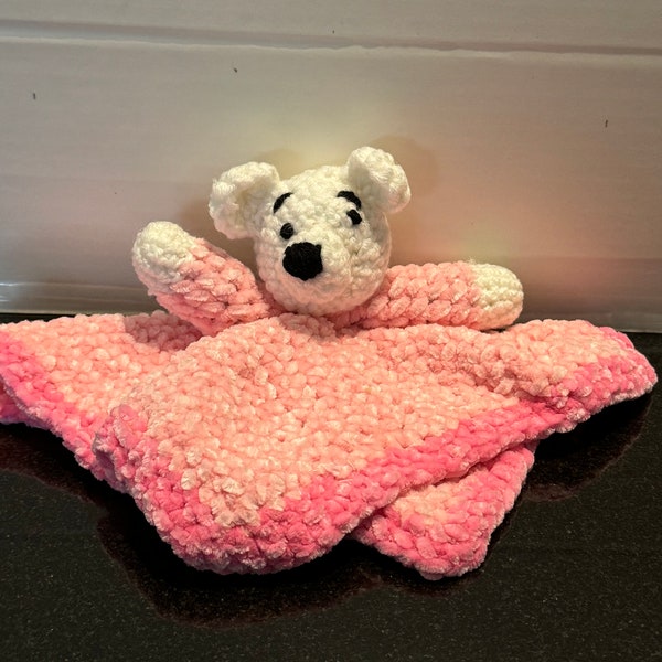 Teddy bear lovie-crocheted teddy bear for infants/toddlers-white and pink lovie-security blanket for infants-teddy bear security blanket