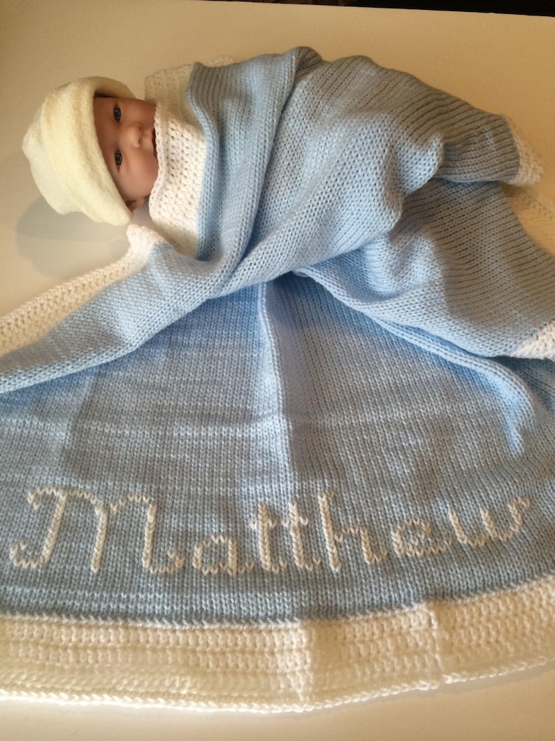 Blue baby blanket - knitted monogrammed baby blanket - Peronalized baby blanket - Crochet baby blanket -Boy baby blanket-Baby blanket- image 1