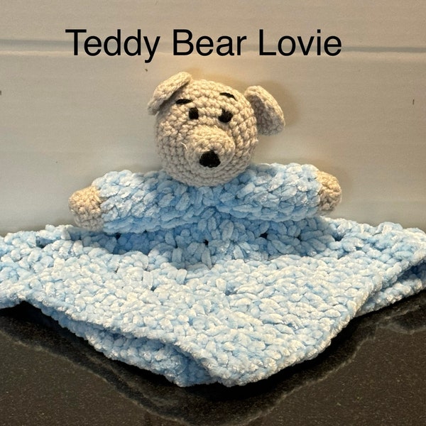 Teddy bear lovie-crocheted teddy bear for infants/toddlers-gray and blue lovie-security blanket for infants-teddy bear security blanket