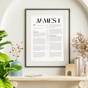 以下が含まれることがあります： 黒と白の印刷可能なポスターで、太字で「JAMES 1」というテキストが書かれています。ポスターは、聖書のヤコブの書の詳細な内訳を示しています。