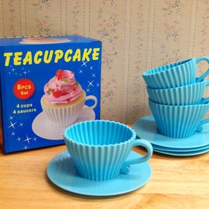 Teacups Set of Silicone Cupcake Baking Molds with 4 Blue Silicone Tea Cups and 4 Blue Plastic Saucers for Cupcakes