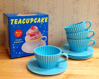 Teacups Set of Silicone Cupcake Baking Molds with 4 Blue Silicone Tea Cups and 4 Blue Plastic Saucers for Cupcakes
