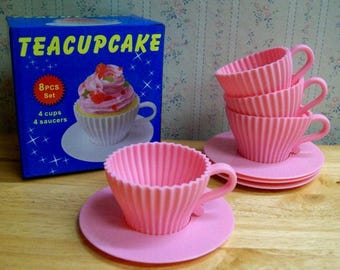 Teacups Set of Silicone Cupcake Baking Molds with 4 Pink Silicone Tea Cups and 4 Pink Plastic Saucers for Cupcakes
