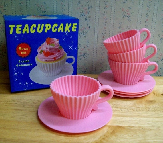 Teacups Set of Silicone Cupcake Baking Molds With 4 Silicone Tea