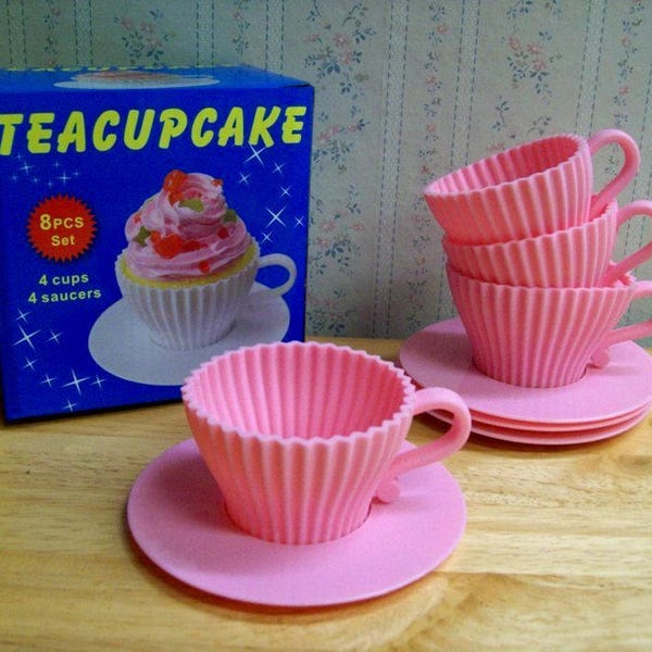 Teacups Set of Silicone Cupcake Baking Molds with 4 Pink Silicone Tea Cups and 4 Pink Plastic Saucers for Cupcakes