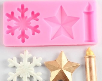 Snowflake, Star, and Candle Mold, Flexible Pink Silicone, 3-Cavity Christmas Mold for Polymer Clay, Food, Fondant, Chocolate, Resin, etc.