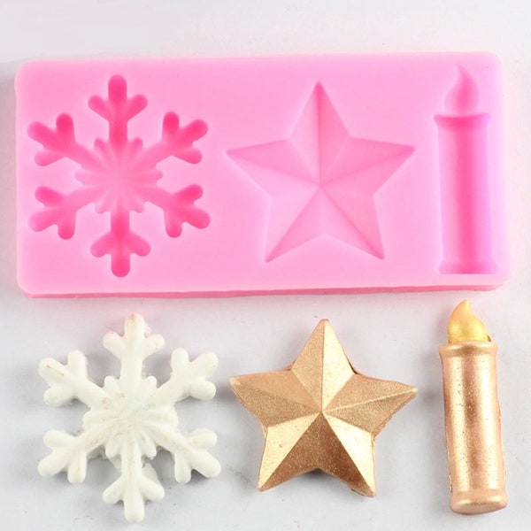 Snowflake, Star, and Candle Mold, Flexible Pink Silicone, 3-Cavity Christmas Mold for Polymer Clay, Food, Fondant, Chocolate, Resin, etc.
