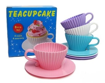 Teacups Set of Silicone Cupcake Baking Molds with 4 Silicone Tea Cups and 4 Plastic Saucers in 4 Colors for Cupcakes