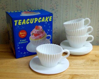 Teacups Set of Silicone Cupcake Baking Molds with 4 White Silicone Tea Cups and 4 White Plastic Saucers for Cupcakes