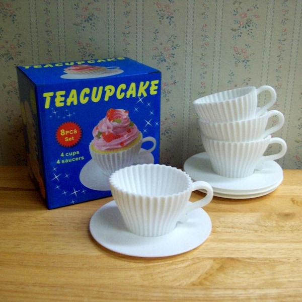 Teacups Set of Silicone Cupcake Baking Molds with 4 White Silicone Tea Cups and 4 White Plastic Saucers for Cupcakes