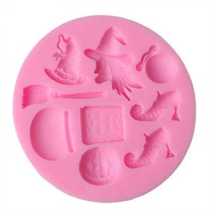 Halloween Mold,  Witch, Hat, Cauldron, Broom, Pumpkin, Shoes & more, Flexible Silicone 9-Cavity Mold for Polymer Clay, Food, Fondant, etc.