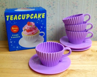 Teacups Set of Silicone Cupcake Baking Molds with 4 Purple Silicone Tea Cups and 4 Purple Plastic Saucers for Cupcakes