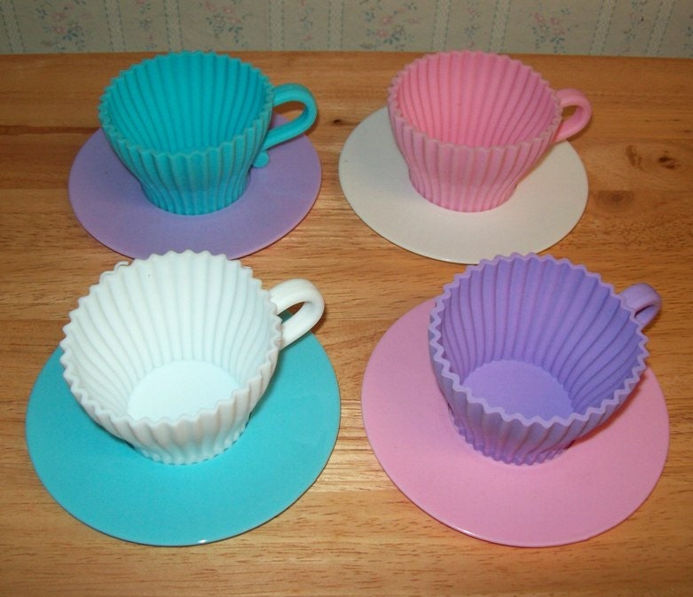 Teacups Set of Silicone Cupcake Baking Molds With 4 Pink Silicone Tea Cups  and 4 Pink Plastic Saucers for Cupcakes 