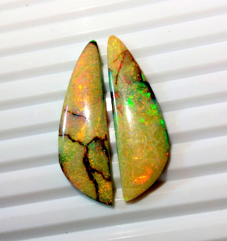 15.40 Ct Lab Created MonarchSterling Opal Fancy Flat Back Cabochon Measuring 12mm x 39mm,4mm Height Cultured Loose Gemstones Earrings Pair