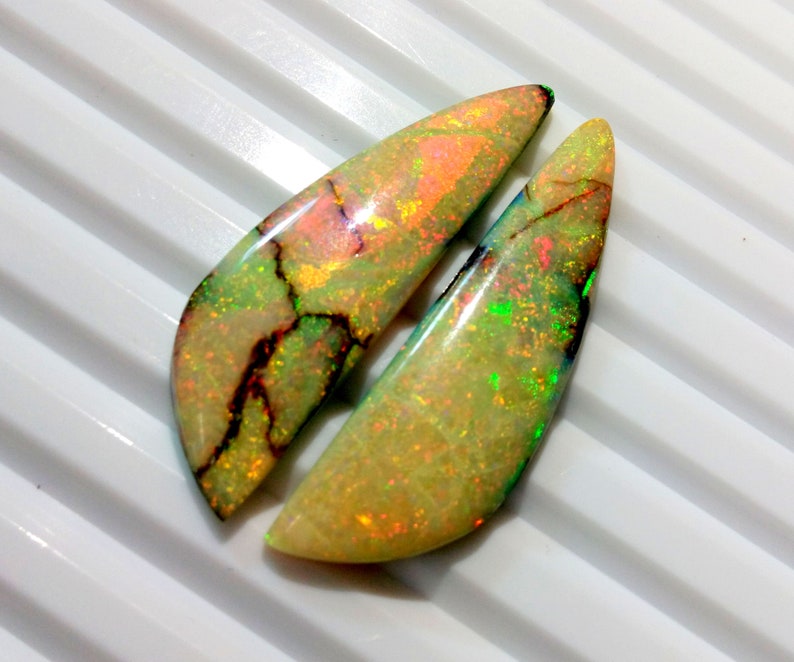 15.40 Ct Lab Created MonarchSterling Opal Fancy Flat Back Cabochon Measuring 12mm x 39mm,4mm Height Cultured Loose Gemstones Earrings Pair