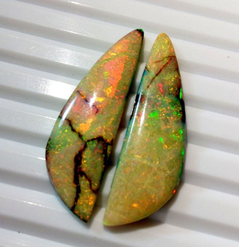 15.40 Ct Lab Created MonarchSterling Opal Fancy Flat Back Cabochon Measuring 12mm x 39mm,4mm Height Cultured Loose Gemstones Earrings Pair
