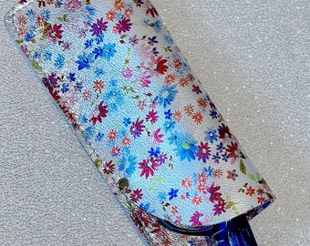 Small Floral Reading glasses or Sunglasses pouch, silver metallic leather pouch, 3rd anniversary gift, ditsy print, soft suede interior