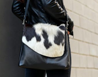 Black white Cowhide Leather Crossbody, flap, adjustable wide strap, natural short hair leather, lining options, zipper close option OOAK bag