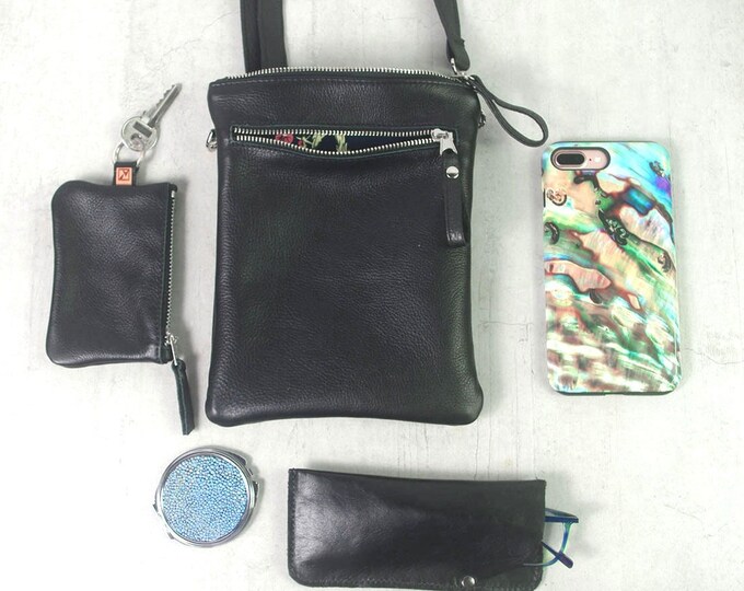 Small Black Crossbody Bag, Soft Leather, Adjustable Strap Lined, Phone