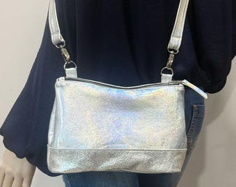 Small Holographic Leather Crossbody Bag with deep base, Handmade Italian Leather Purse