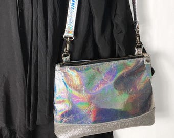 Small Holographic Leather Crossbody Bag with deep base, Handmade Italian Leather Purse