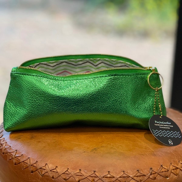 Metallic Emerald Green Leather Makeup Bag, Minimalist Cosmetic Purse, Handmade in Australia