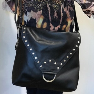 Handmade Black Leather Crossbody Bag, Studded Flap, Adjustable Strap, antique brass or silver bild 3