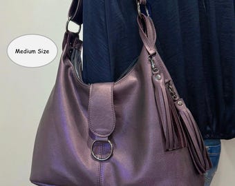 Pearlised Eggplant Leather Hobo Shoulder Bag, Adjustable Strap, Handmade
