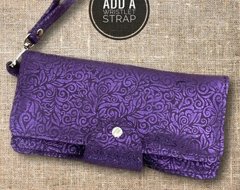 Metallic Purple Leather Wallet Purse with zipper, holds cards, iPhone wallet purse, Gift, wristlet, purple wristlet, metallic florentine